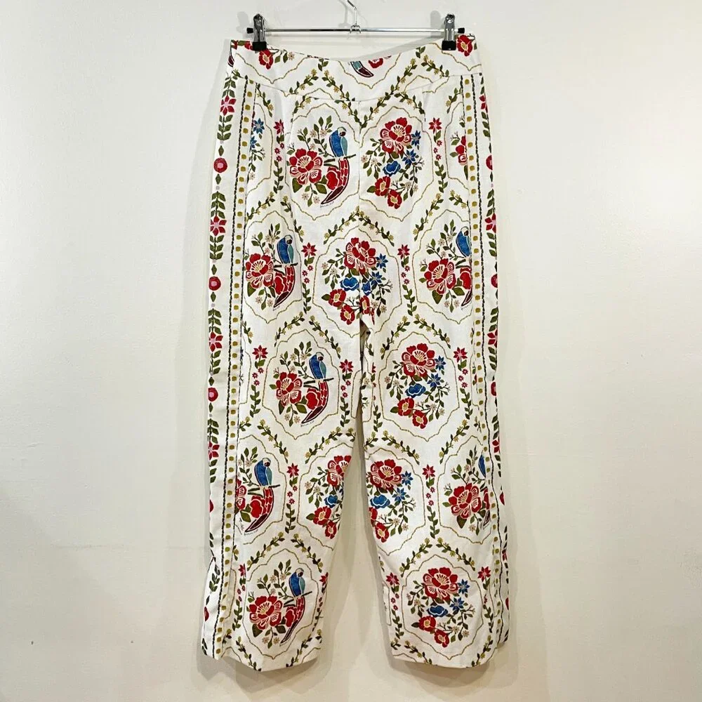 Last Call! New Sézane x Farm Rio Tiago Linen Cotton Floral Cropped Pant 42, 10